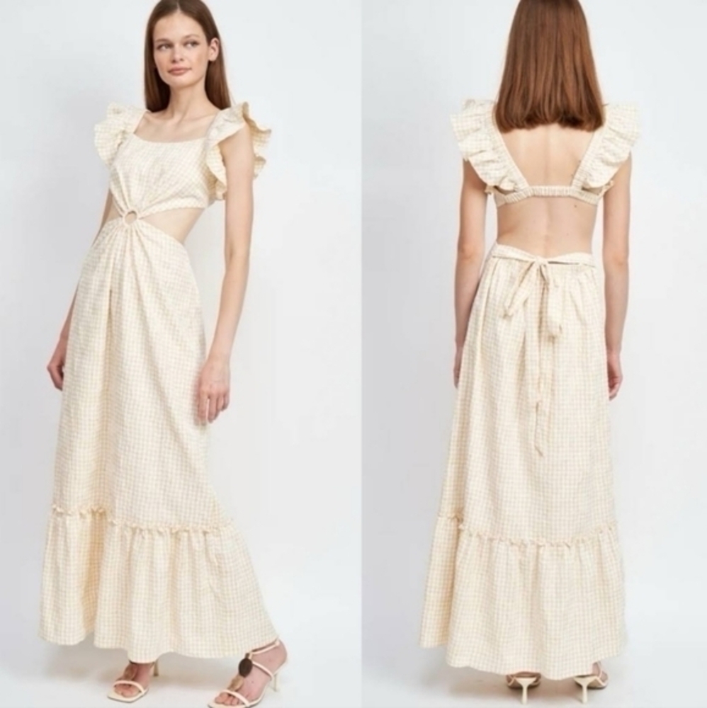 En Saison Kimmie Gingham Ruffled Maxi Summer Dress Embroidered Floral Sz Small